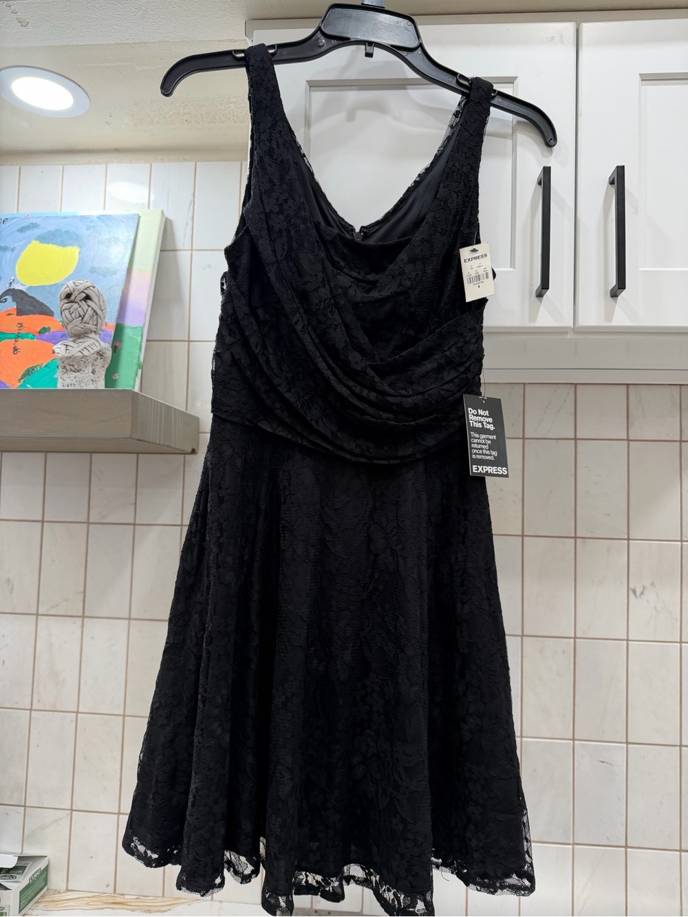 Express Black Lace Cowl Neck Fit-and-Flare Mini Dress